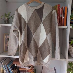 Vintage Women's Argyle Crewneck Sweater Lambs Wool Angora Brown Cream Small
